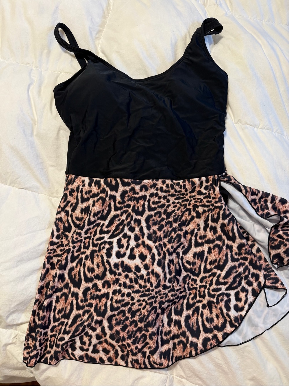 SHEIN Black Tank Top Swimdress with Leopard Wrap Skirt